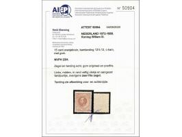 15 cent oranjebruin tanding 12½ x 12 grote gaten met certificaat Vleeming 2020: Gom origineel en postfris. Links midden in ra