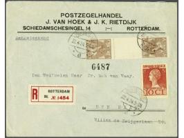 7½ cent bruin in keerdrukpaar met tussenstrook op aangetekende juist gefrankeerde envelop van Rotterdam 22-4-1924 naar Den Ha