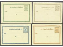 4 proeven Correspondentie-Kaart 2½ cent rechthoekig wapen met sieromranding, van der Loo 3, alle type II (lijntje onder Corre