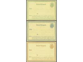 3 proeven Brief-Kaart 2½ cent van de Loo 6, met Nota en 5 regels tekst, type II (met Aan en te) in roze, blauw en groen, lich