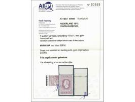 1 gulden wijnrood tanding 11½ x 11 met plaatfout vlekje linksboven linker leeuw (Mast 98PM, EUR 1300) met velrand en certific