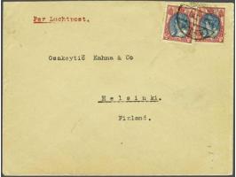 Luchtpostbrief Rotterdam-Helsinki 3.IX.20 met 2x 25 cent bontkraag (port 12½+7½ cent en 2x 15 cent luchtrecht voor een brief 