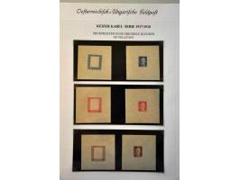Fieldpost. Karl 1 heller - 10 kronen, imperforated proofs in the chosen colours on normal paper, one set with only frame and 