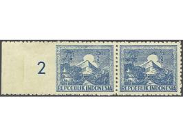 Volcano 5 sen blue in pair, left stamp with varieties imperforated at left and colour dot in palmtree, very fine