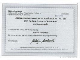 Fieldpost Romania. Non issued Karl I 30 bani ochre in unmounted mint block of 4 with 2020 Rüdiger Soecknick certificate, cat.