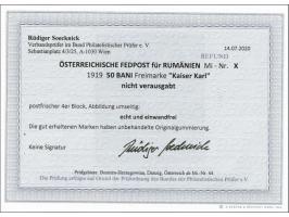 Fieldpost Romania. Non issued Karl I 50 bani green in unmounted mint block of 4 with 2020 Rüdiger Soecknick certificate, cat.