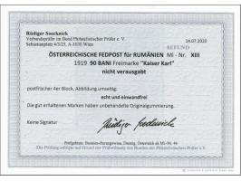 Fieldpost Romania. Non issued Karl I 90 bani brown lilac in unmounted mint block of 4 with 2020 Rüdiger Soecknick certificate