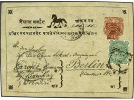 Postcard ½ anna red, 12th printing, Die III, horse type V, used with British Indian stamp 2 annas six pies from Kathmandu Nep