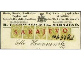 Coat of Arms 20 kreuzer olive green typographic printing in strip of 5 with straight line cancellation Sarajevo in red and wr