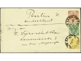 Coat of Arms 2 kreuzer yellow and 3 kreuzer green typographic printing on envelope Ferchenbauer no. 1 from Sarajevo 6-5-1889 