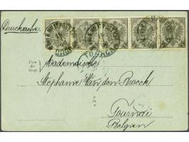 Coat of Arms 1 heller black grey in strip of 5 on picture postcard from Brcko 16-1-1900 to Doornik (Belgium), fine/very fine