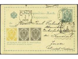 Coat of Arms 1 heller black grey perforated 12½ in pair and 3 heller yellow perforated 12½ on 5 heller postcard Fe. no. 9 fro