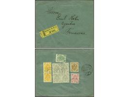 Coat of Arms 2 heller grey in block of 4, 3 heller yellow in vertical pair, 5 heller green, 6 heller brown and 20 heller rosa