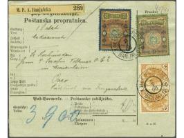 Coat of Arms 40 heller yellow orange and black on parcel card with 2 and 6 heller fiscal stamps from Banja Luka 2-1-1906 to A