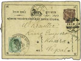 Postcard ½ anna brown red, Die III, horse IV, used to King Emperors Camp Khasra with ½ anna KGV, postmark King Emperor's Camp
