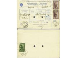 Landscapes 30 heller green (on reverse) and 50 heller brown lilac on telegraphic postal money order from Brcka 28-9-1908 to Z