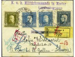 Franz Joseph 1 heller olive, 2 heller light blue in pair and 50 heller black blue on registered and censored cover from Mosta