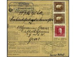 Franz Joseph 10 heller carmine and 20 heller brown (2x) on money order for cash on demand from Varcar Vakuf 4-1-1916 to Graz 