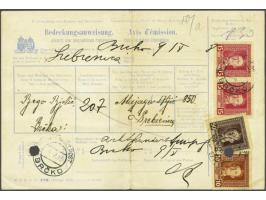 Karl I 10 heller red brown, 15 heller carmine in pair and 90 heller black lilac on telegraphic postal money order from Brcko 