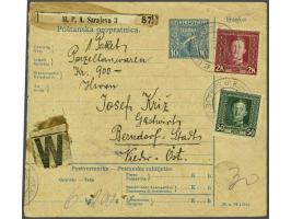 Karl 50 heller dark green and 2 kronen carmine on yellow on parcel card from Sarajevo 11-10-1918 to Berndorf (Austria), fine/