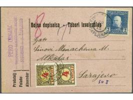 Postage Due. 4 heller black, yellow and red in pair on card with Franz Joseph 2 heller blue Fe. no. 65 from Capljina 20-12-19