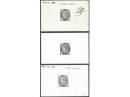 1d. Die Proofs (Die 1) in black on glazed card (3 ex.) undated (25 Apr 68), 2 June 1869 endorsed BEFORE STRIKING, Initialled 