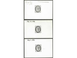 1d. Die Proofs (Die 3) in black on glazed card (3 ex.) dated 22 Jul 1876, 4 Aug 1876 and 8 Aug 1876 endorsed BEFORE HARDENING