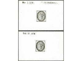 1d. Die Proofs (Die 4) in black on glazed card (2 ex.) dates 27 Feb 1878 and 1 Mar 1878 endorsed BEFORE HARDENING, a fine duo