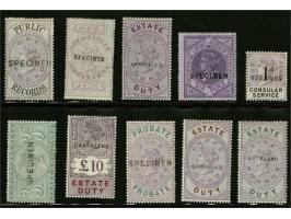 A group of revenue stamps (10 ex.) all with Specimen or Cancelled overprint, nominations up to £10 including Public Records, 