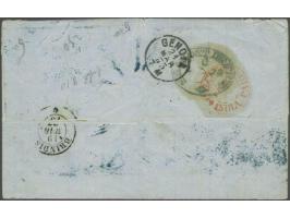 East India eight pies purple, two annas orange and 4 annas green with B1 on letter Calcutta-Genova with PD, written via Alexa
