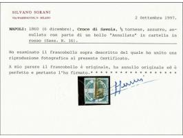 Croce di Savoia ½ tornese blue (Sassone nr. 16), fine (short at left, but not touched) with 1997 Silvano Sorani certificate, 