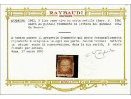 Victor Emanuel 3 lire copper bronze (Sassone nr. 18A), fine/very fine on piece with 2000 Raybaudi certificate, cat.v. 3200