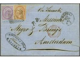 Victor Emanuel II 10 centesimi orange brown and 60 centesimi violet on cover from Naples 19-8-1867 via Lanslebourg to Amsterd