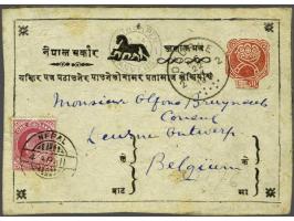 Postcard ½ anna red, Die II, horse type IV, 9th printing, with 1 anna KEVII for the international fee, with double circle can